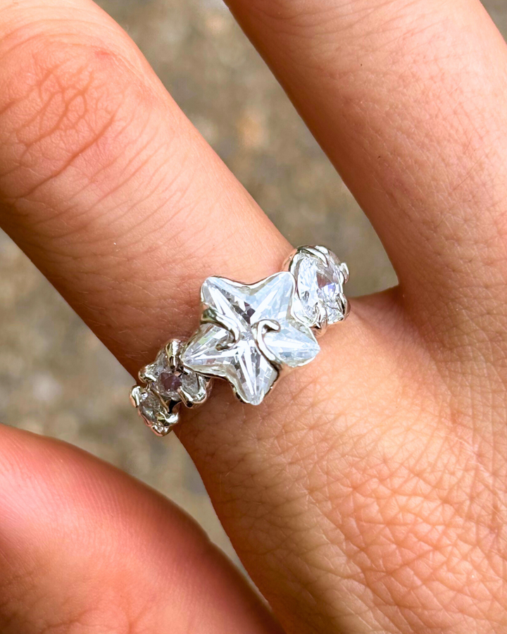 Close-up of a hand wearing a silver ring with star-shaped gemstones.