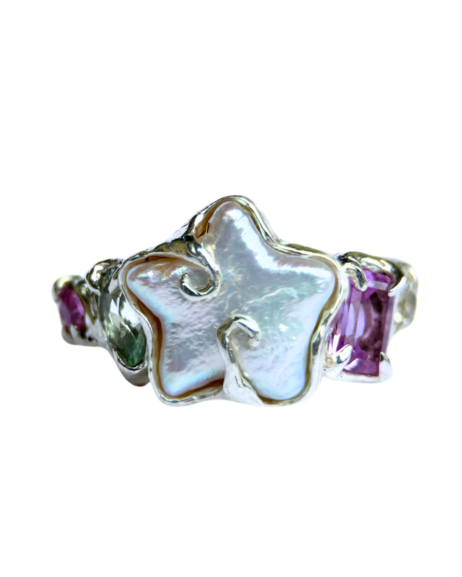 Swirly star pearl ring, unique rings for her.