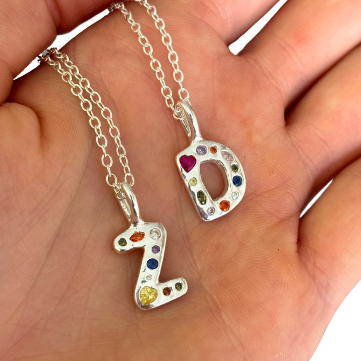 Gemstone Initial Pendant - Fine Silver - Sunny on a Cloud